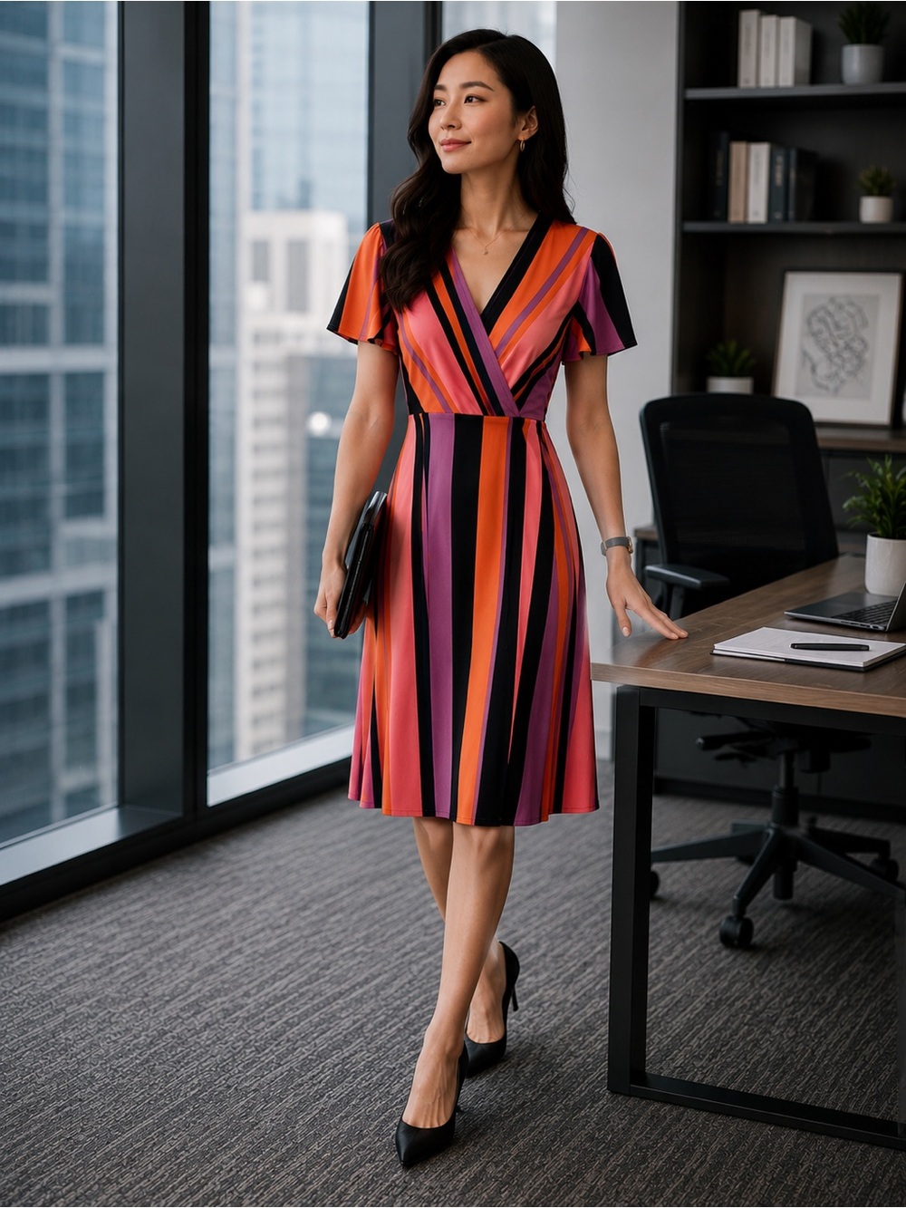 Donna Morgan Striped Wrap Midi Dress in Coral, Magenta & Black